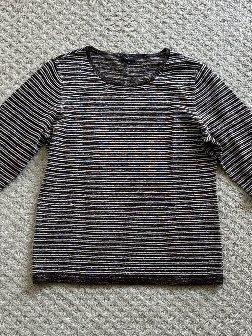 Talbots Striped Linen Blend Metallic 3/4 Sleeve Sweater L Lightweight Classic